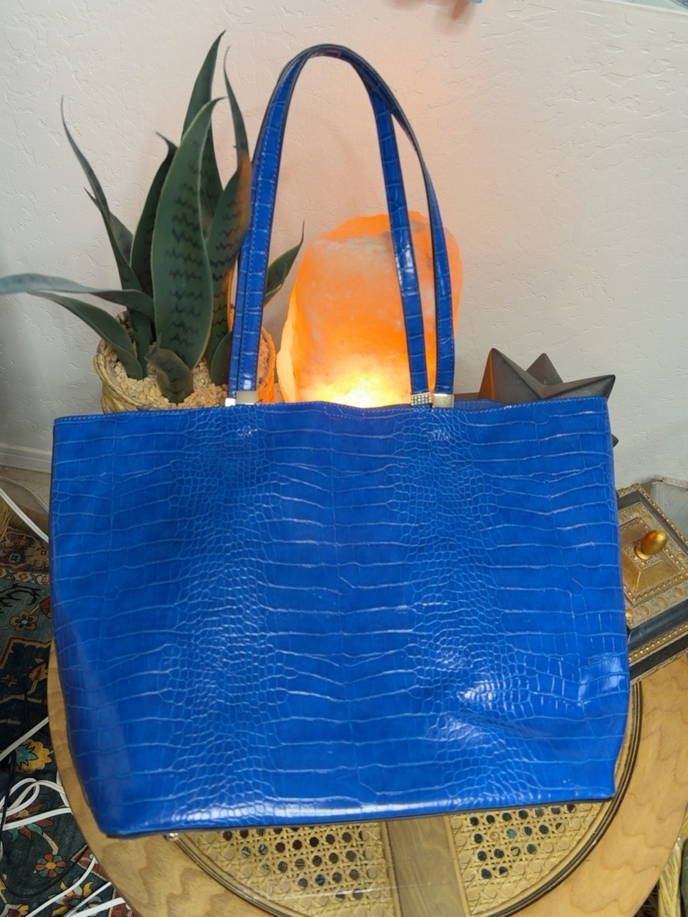 Cobalt Blue Croc Embossed Large Tote Bag Gold Hardware